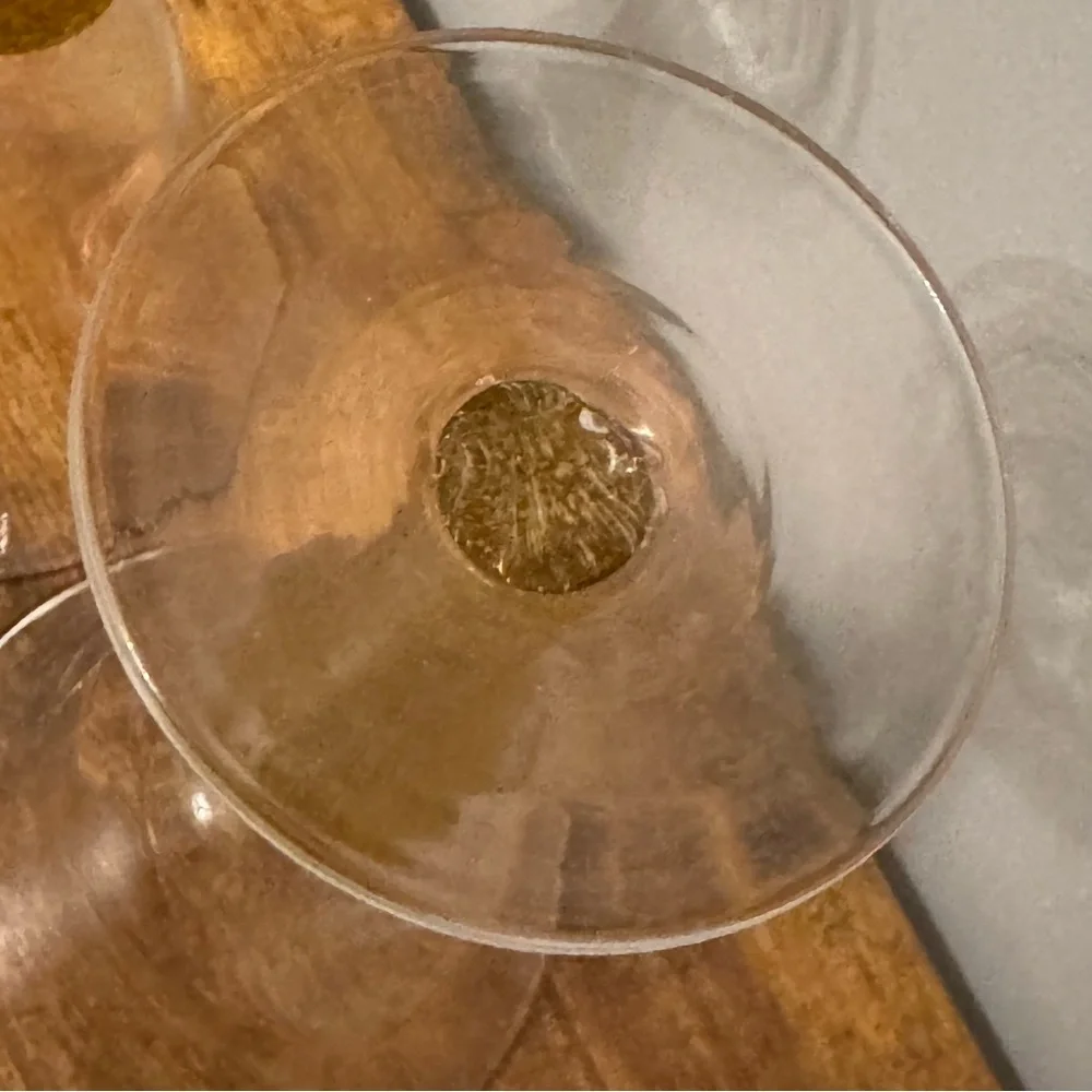 Vintage Amber Bubble‎ Stem Art Glass Wine Goblets Clear Bowl Set Of 2 Retro MCM